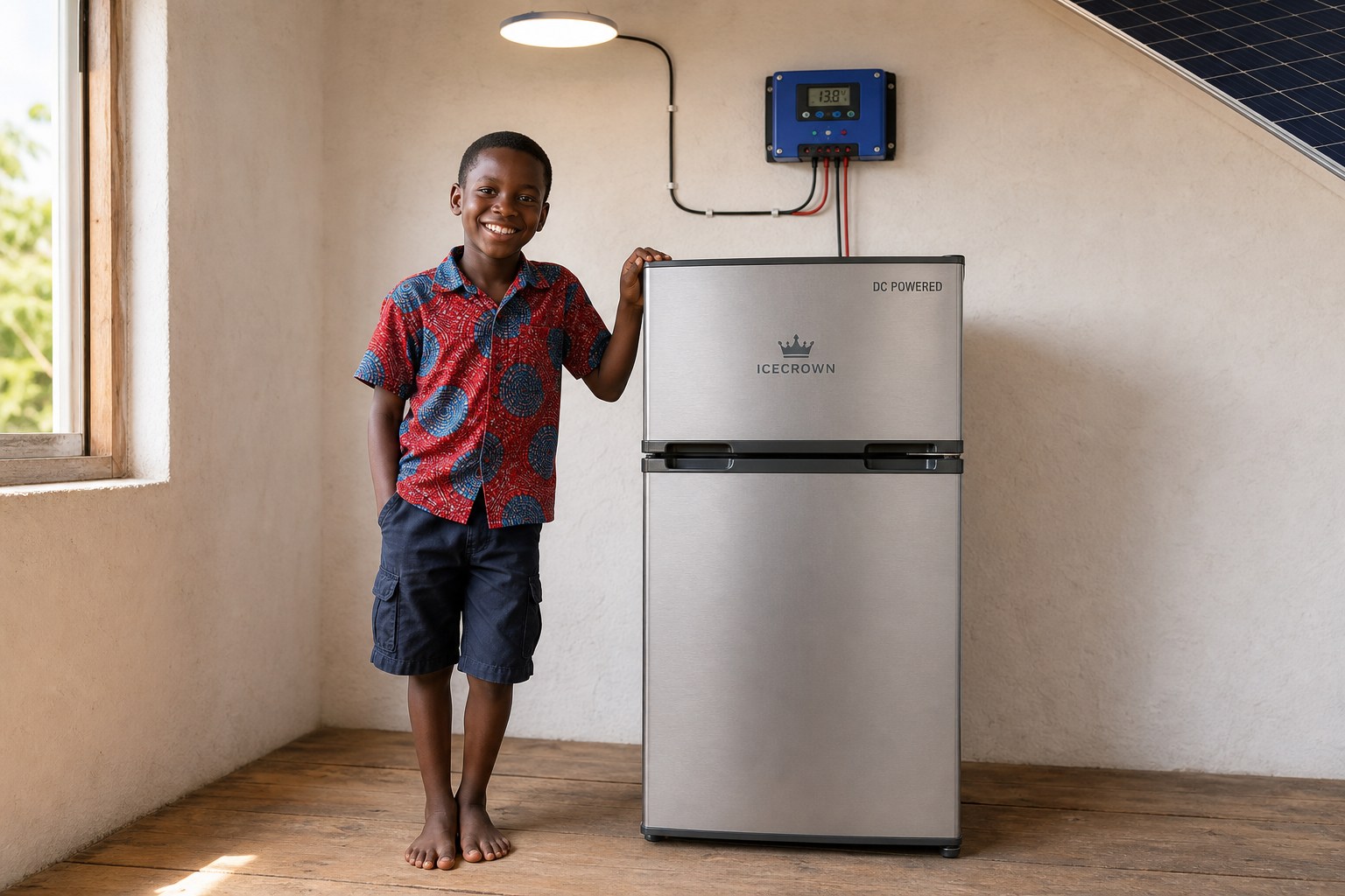Child beside an ICECROWN DC-powered refrigerator designed for solar-backed resilience during outages