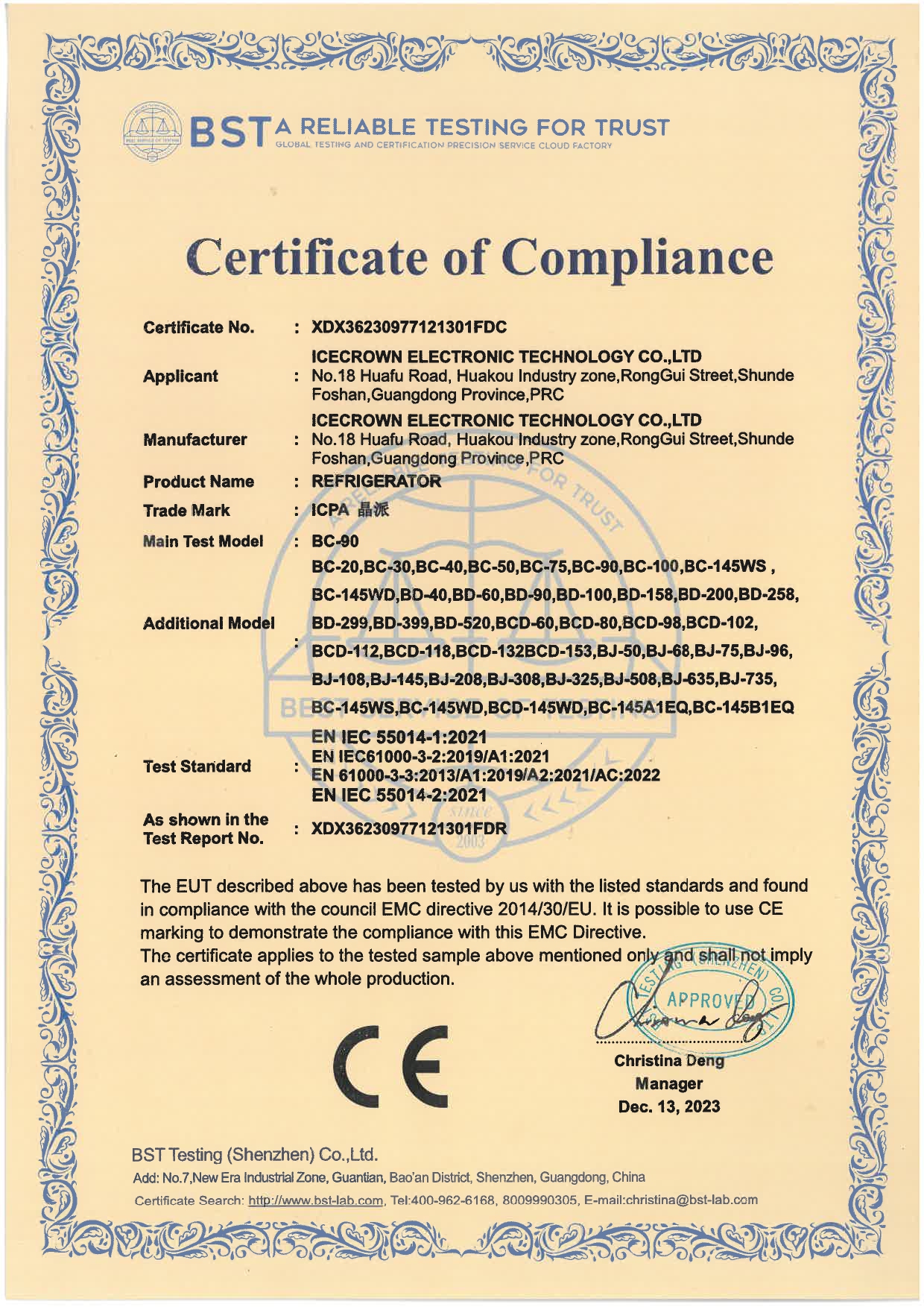 ICECROWN CE and EMC certificate for European market compliance