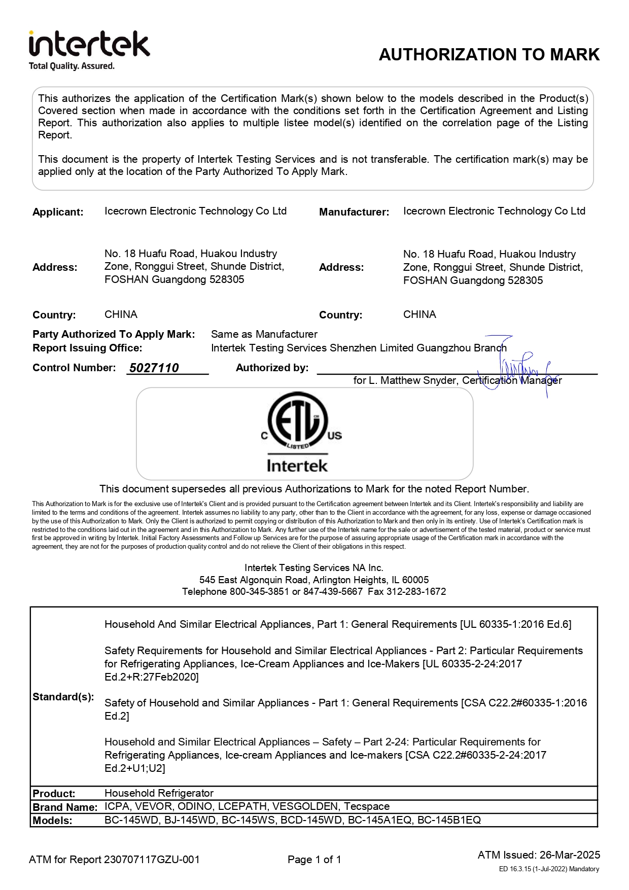 ICECROWN ETL certificate for North America market compliance
