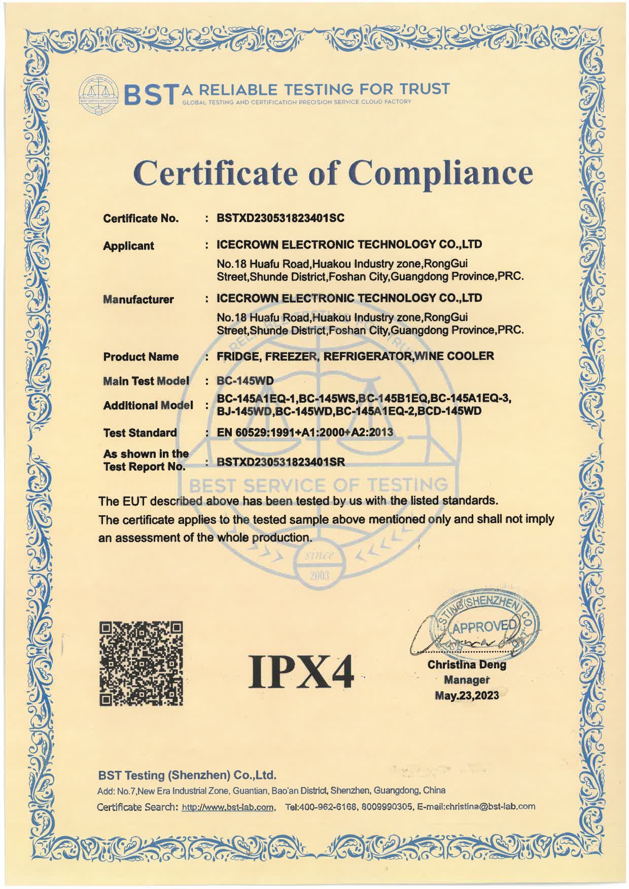 ICECROWN IPX4 water resistance test certificate