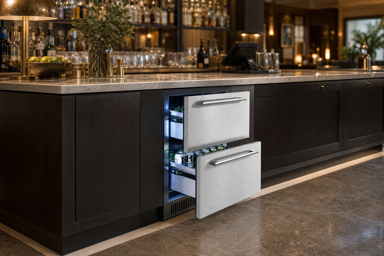 Commercial built-in beverage refrigerator in hotel backbar