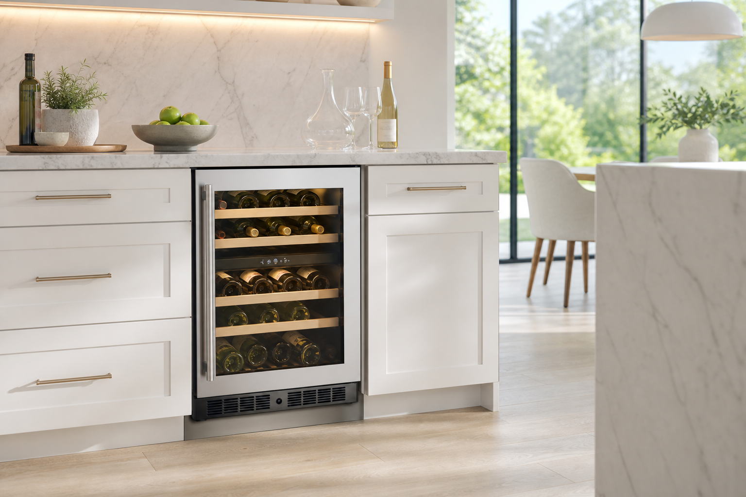 Household built-in wine cooler in premium residential kitchen